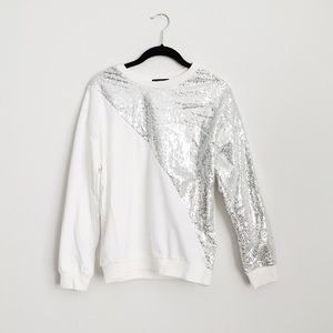 White and Silver Sequin Crew Neck Sweatshirt